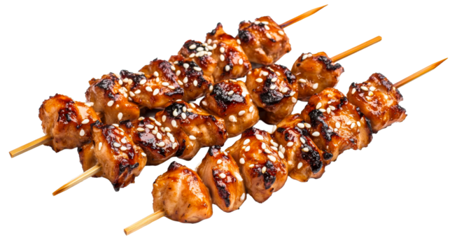 Delicious grilled chicken skewers with sesame seeds, cut out transparent