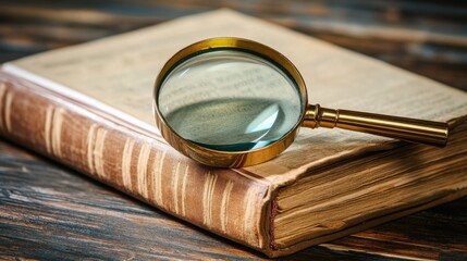 Antique Book and Magnifying Glass on Wooden Table Research History Investigation
