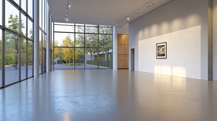 Museum interior with empty white wall mockup in large open gallery space