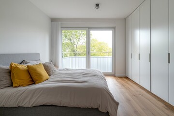 Bright Bedroom Interior with Open Balcony and Modern Wardrobe Storage