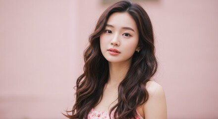 Elegant portrait of a woman with long wavy hair against a pink background