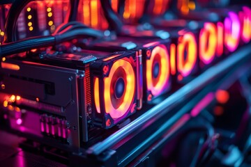 Close-up of illuminated cooling fans on powerful graphics processing units working in a mining rig