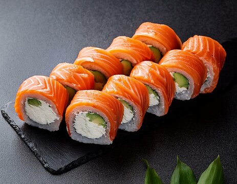 Homemade Philadelphia Sushi Rolls Set with Salmon. Top view