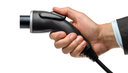 a hand holding an electric car charging cable, demonstrating the concept of sustainable transport
