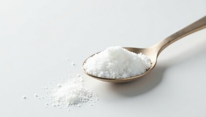 Spoonful of white sugar against white backdrop, confectioners sugar, cooking, photography