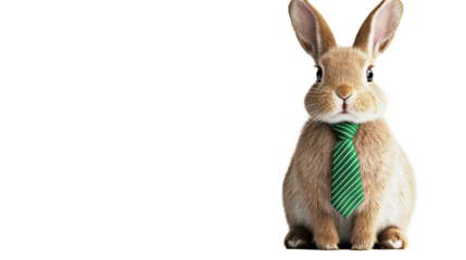 Rabbit wearing green tie on black background, cut out transparent