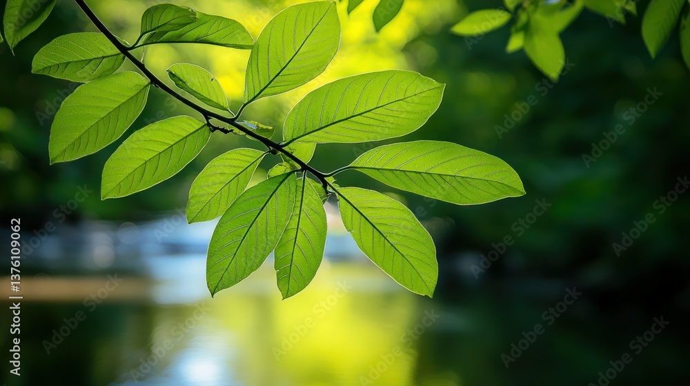 Poster A branch of guava leaves extending over a small river in a tranquil forest scene. 