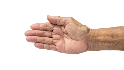 a person's hand offering a handshake. The hand shows signs of age, and the skin has detailed textures