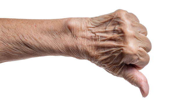 an elderly person's hand giving the thumbs-down gesture, a symbol of disapproval or negativity. The hand is wrinkled and shows the passage of time