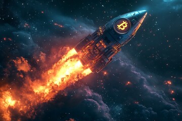 Cryptocurrency rocket is flying through space with bitcoin symbol