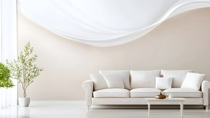 Minimalist Living Room Featuring A Comfortable White Sofa Against A Cream Wall With An Artistic Accent