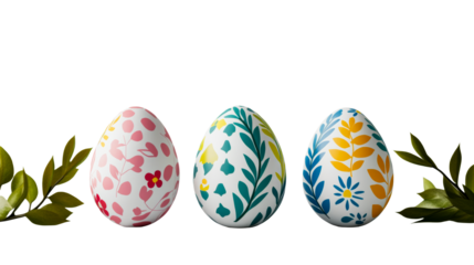 Floral Easter eggs with green leaves on black background, cut out transparent