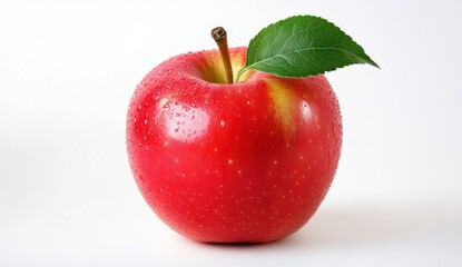 Fresh Red Apple with Green Leaf and Water Droplets Closeup