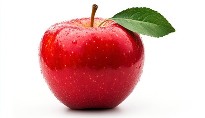 Fresh Red Apple with Leaf and Water Droplets on White Background