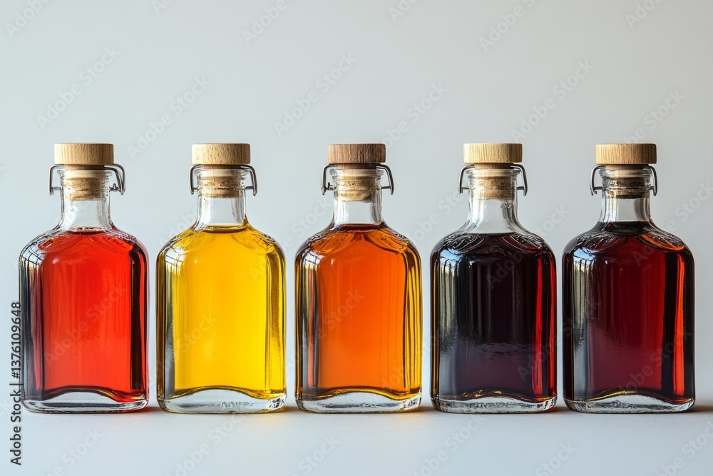 Poster Five bottles of whisky with swing top stoppers, showing different stages of the aging process