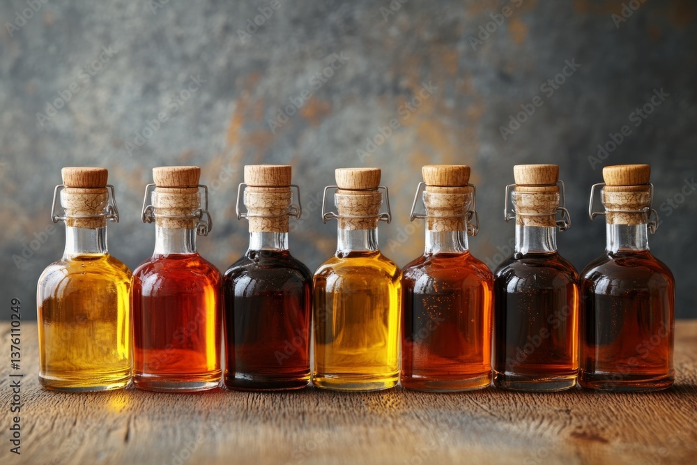 Poster Glass bottles with swing top stoppers filled with various grades of maple syrup, creating a gradient of color