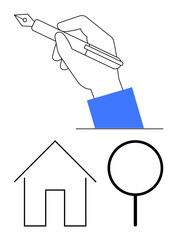 Hand holding a fountain pen drawing a house outline and a magnifier symbol. Ideal for creativity, real estate, design, education, innovation, architecture, exploration. Flat simple metaphor