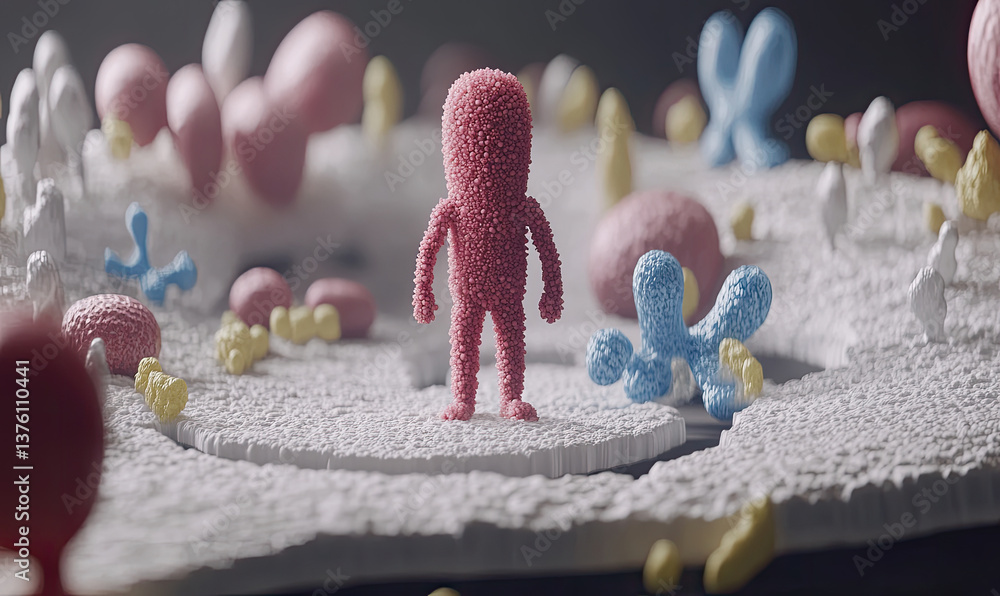 Aufkleber abstract 3d rendering of a tiny person amidst colorful micro-organism structures. a conceptual image