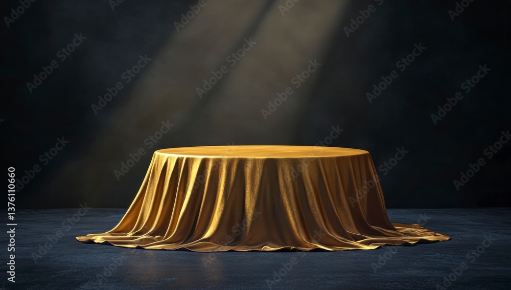 Poster golden fabric draped over round display table with spotlight effect