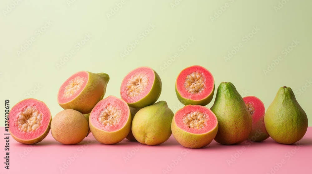 Poster A collection of guava fruits in different sizes and ripeness stages, isolated on a soft pastel backdrop. 