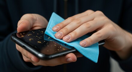 A man cleans a smartphone that is frequently touched