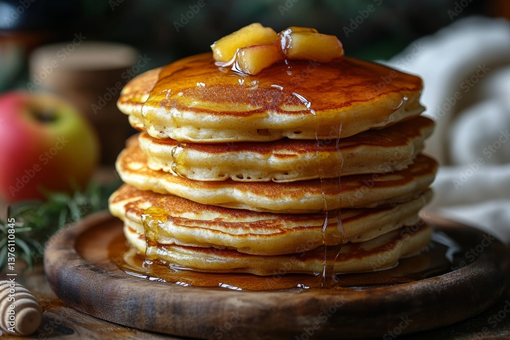 Poster stack of golden pancakes with syrup and apple topping creating a tempting breakfast scene
