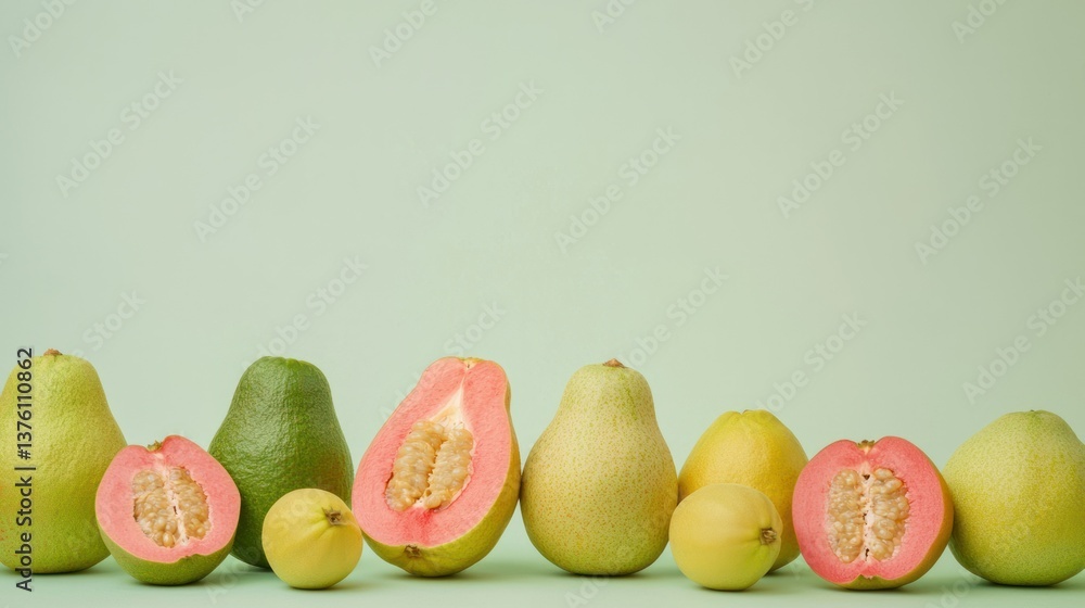 Aufkleber A collection of guava fruits in different sizes and ripeness stages, isolated on a soft pastel backdrop. 