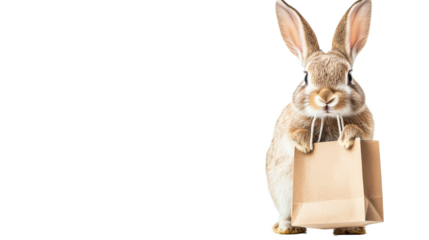 Rabbit holding shopping bag with two paws, animal concept, cut out transparent