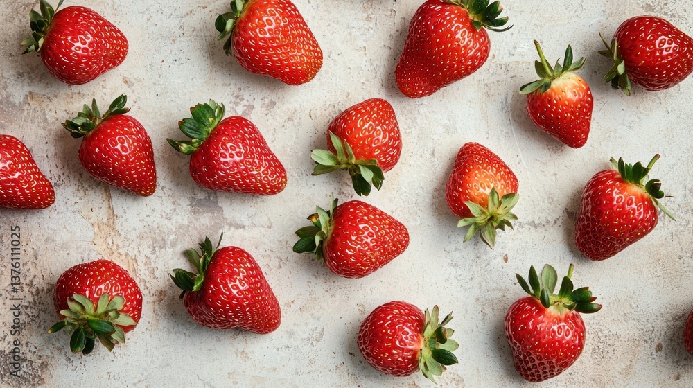 Poster a collection of strawberries spread across a neutral surface, showcasing their overall shape and col