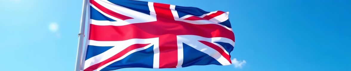 Naklejka premium Close-up of colorful British flag fluttering against clear blue sky, Union Jack, tourism