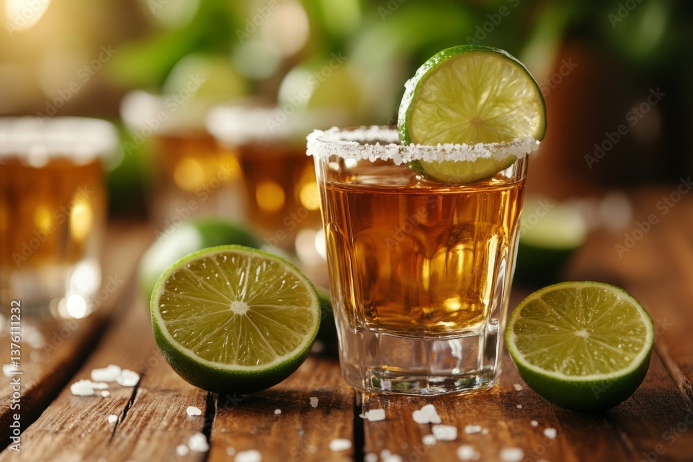 Poster refreshing tequila shots rimmed with salt and garnished with lime, creating a vibrant and inviting s