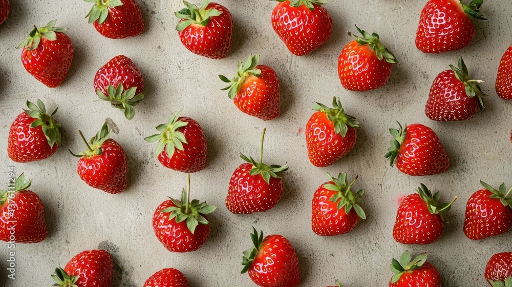 Poster a collection of strawberries spread across a neutral surface, showcasing their overall shape and col