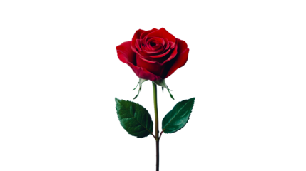 Elegant red rose with green leaves on black background, cut out transparent