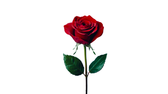 Elegant red rose with green leaves on black background, cut out transparent