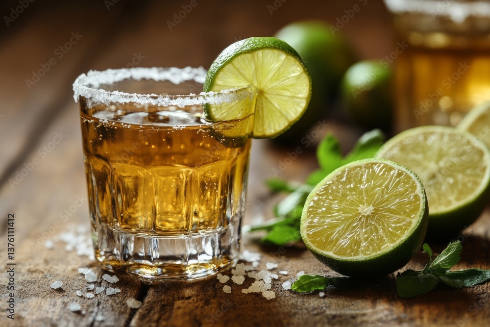 Poster refreshing tequila shot served with lime slice and salt on a rustic wooden surface, creating an invi