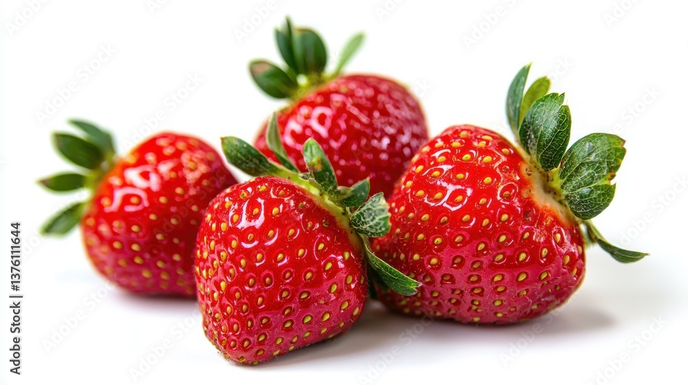 Poster a few strawberries placed in a small group, photographed from an angle to show their vibrant red and