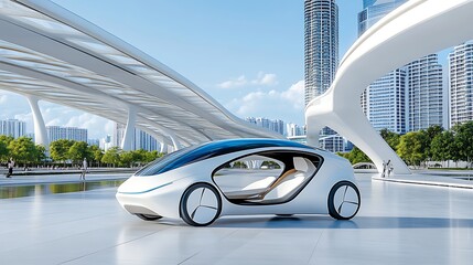 Futuristic Modern Electric Vehicle with Blue Accents in a Cityscape Setting