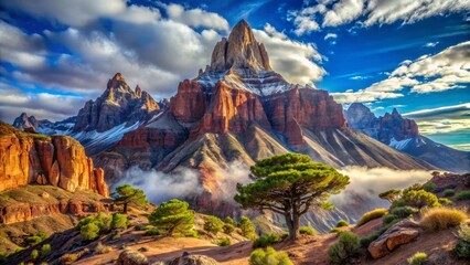 Fototapeta premium Majestic Mountain Peak with Verdant Pines Basking in Golden Sunlight and Morning Mist