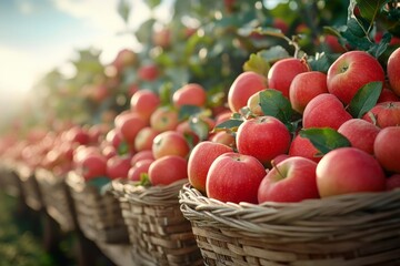 Ripe red apples sit in wicker baskets in an orchard, ready for harvest and consumption