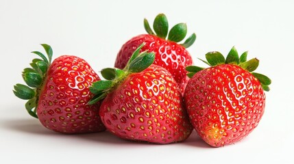 A few strawberries placed in a small group, photographed from an angle to show their vibrant red and green contrast. 
