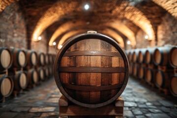 Oak wine barrels aging in a traditional cellar with atmospheric lighting, showcasing the winemaking process