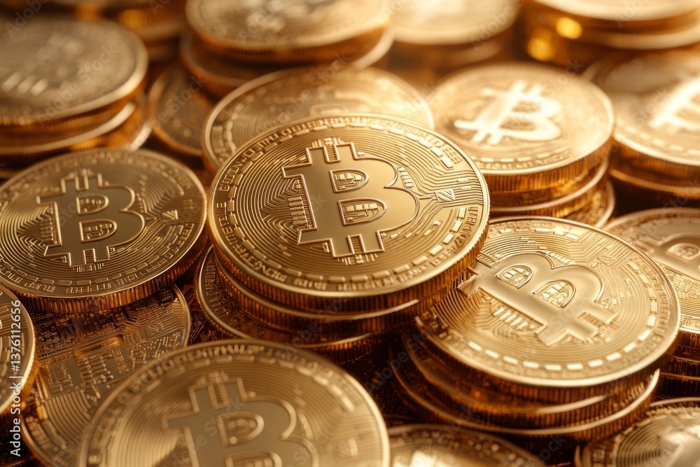 Aufkleber many golden bitcoin cryptocurrency coins stacked together, creating a visual representation of digit