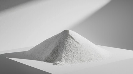 Small mound of fine white powder isolated on bright white backdrop, texture visible