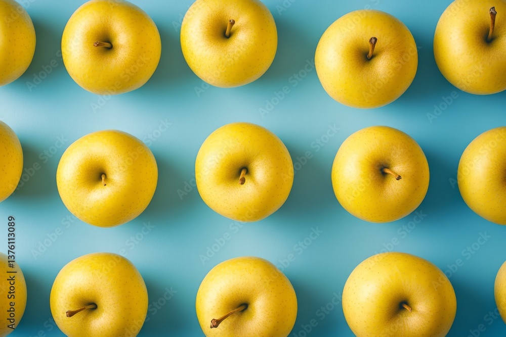 Poster ripe yellow golden delicious apples arranged in perfect rows on a vibrant teal backdrop, creating a 