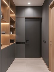 Hallway Interior Design with Wooden Shelves and Modern Gray Door