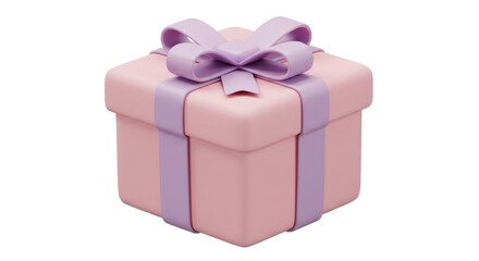 A wrapped pink gift box with purple ribbon and bow on top