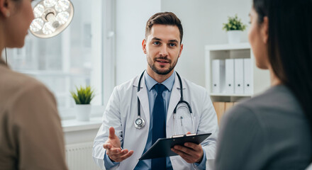 Confident male doctor holding clipboard and talking to patients in a well-lit modern clinic