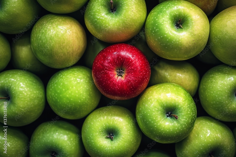 Poster one red apple is standing out in a group of green apples, creating a visual metaphor for diversity a