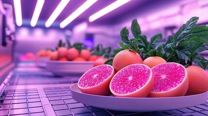 Fresh citrus harvest showcase modern market food photography neon lights close-up vibrant colors