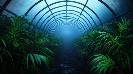 Mysterious Greenhouse Tunnel Lush Greenery Plants Growing Inside a Dark Glasshouse